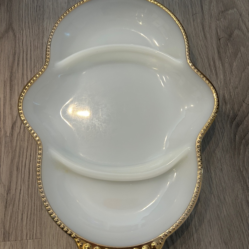Anchor Hocking Fire King Milk Glass and Gold Relish Dish